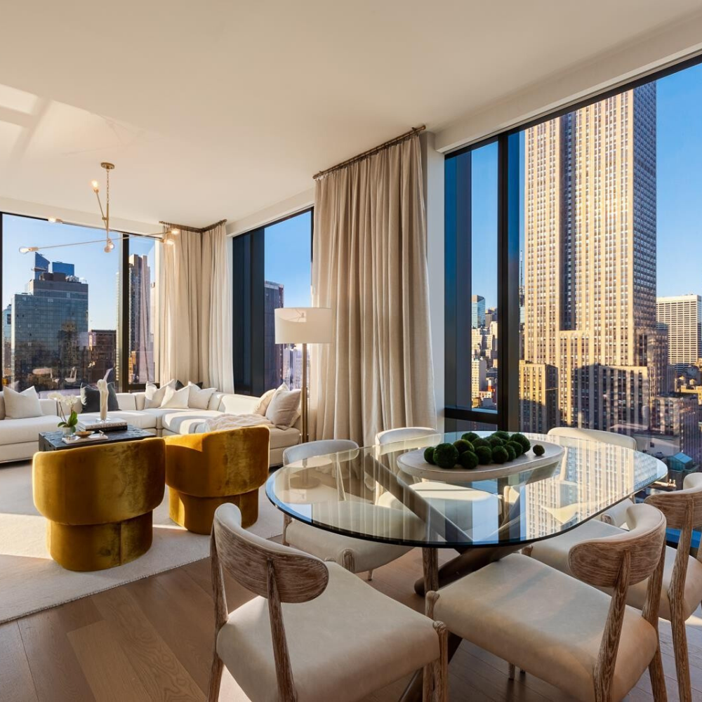 new high-end residence next door to Jeff Bezos home in New York, a living room with floor to ceiling windows