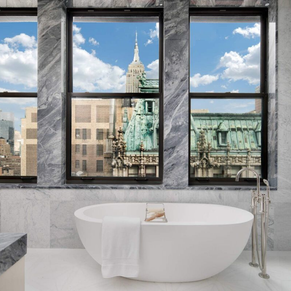 Jeff Bezos home in New York City, a bathroom with the view over the city